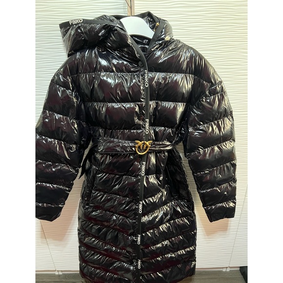 PINKO shiny black belted hooded coat - Picture 2 of 8